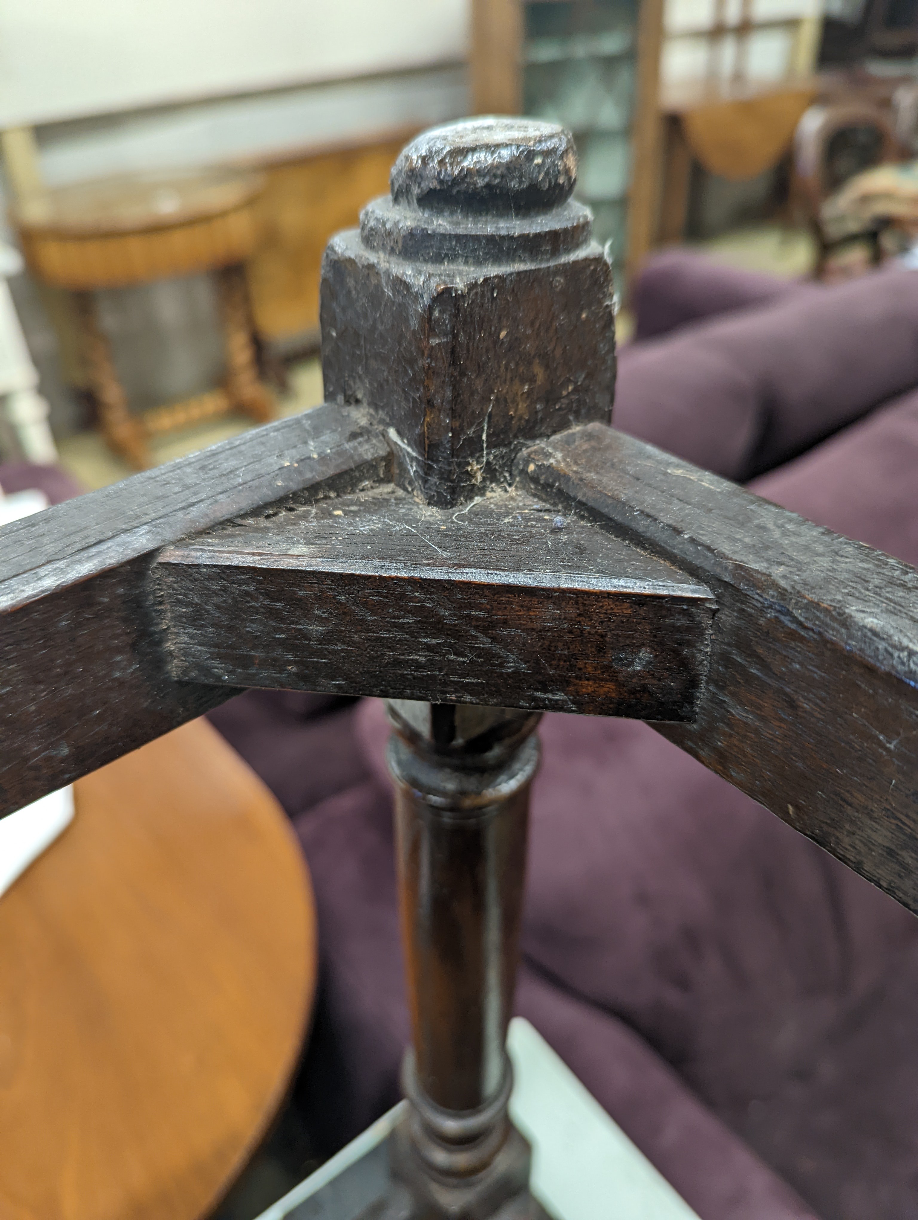 A 17th century style oak joint stool, width 46cm, depth 26cm, height 46cm and a George III stool with Victorian needlework seat, length 33cm